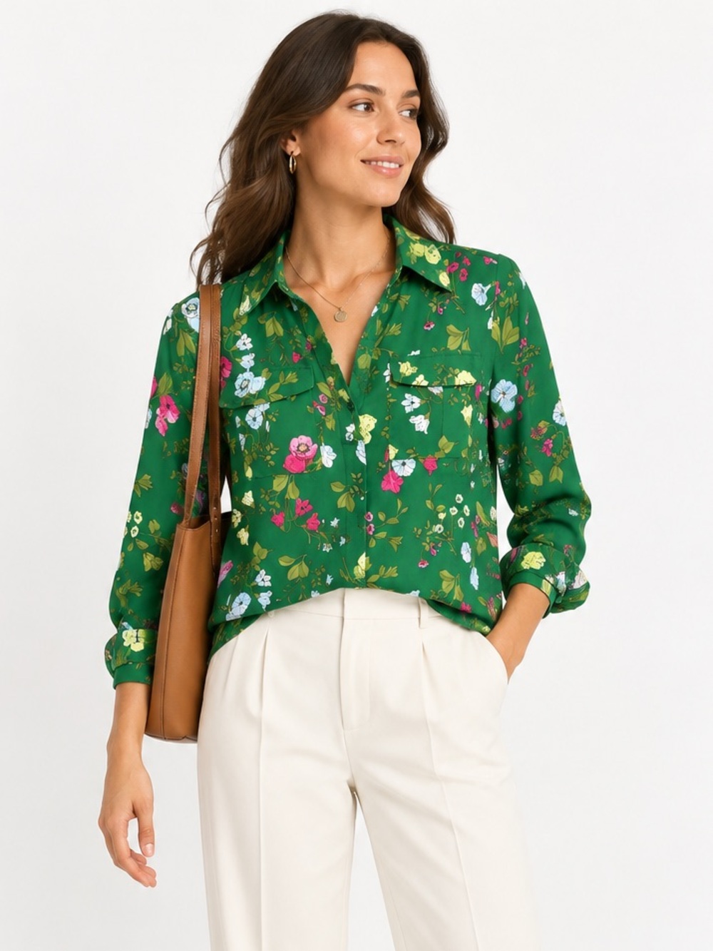 Ann Taylor Petite SP Emerald Green Floral Botanical Blouse